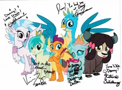 Size: 1280x947 | Tagged: safe, artist:cheezedoodle96, derpibooru import, edit, gallus, ocellus, sandbar, silverstream, smolder, yona, changedling, changeling, classical hippogriff, dragon, earth pony, gryphon, hippogriff, pony, yak, autograph, bow, cloven hooves, colored hooves, cute, diaocelles, diastreamies, dragoness, female, gallabetes, hair bow, jewelry, male, monkey swings, necklace, sandabetes, signature, smolderbetes, student six, teenager, yonadorable