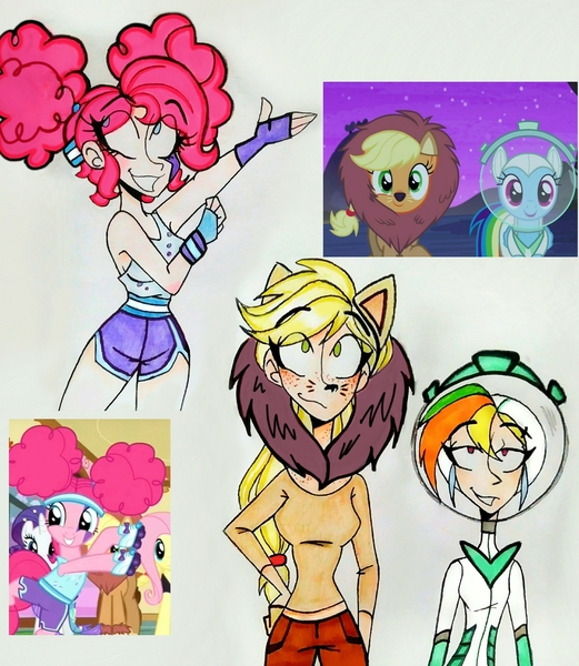 Size: 2857x3288 | Tagged: alternate hairstyle, animal costume, applejack, applelion, armpits, artist:citi, astrodash, clothes, costume, derpibooru import, human, humanized, pinkie pie, pinkie puffs, rainbow dash, safe, scare master, scene interpretation, screencap, screencap reference, sleeveless, traditional art