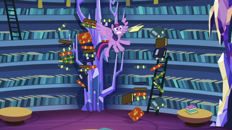 Size: 1920x1080 | Tagged: safe, derpibooru import, screencap, twilight sparkle, twilight sparkle (alicorn), alicorn, pony, dragon dropped, book, bookshelf, crystal, female, flying, ladder, library, mare, solo, spread wings, startled, twilight's castle, twilight's castle library, wings