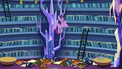 Size: 1920x1080 | Tagged: safe, derpibooru import, screencap, twilight sparkle, twilight sparkle (alicorn), alicorn, pony, dragon dropped, book, bookshelf, crystal, female, flying, ladder, library, mare, solo, twilight's castle, twilight's castle library