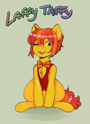 Size: 1203x1647 | Tagged: safe, artist:poofindi, derpibooru import, oc, oc:laffy taffy, unofficial characters only, earth pony, pony, bowtie, clothes, female, mare, one eye closed, sitting, smiling, solo, text