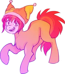 Size: 1413x1616 | Tagged: safe, artist:poofindi, derpibooru import, oc, oc:laffy taffy, unofficial characters only, earth pony, pony, clothes, clown makeup, female, hat, looking at you, makeup, mare, one hoof raised, simple background, smiling, solo, transparent background