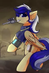 Size: 1250x1850 | Tagged: safe, artist:shadowreindeer, derpibooru import, oc, oc:animatedpony, unofficial characters only, pegasus, pony, fallout equestria, clothes, female, gun, handgun, mare, mouth hold, pegasus oc, pipbuck, rearing, revolver, solo, two toned mane, vault suit, wasteland, weapon, wings