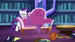 Size: 1920x1080 | Tagged: safe, derpibooru import, screencap, rarity, pony, unicorn, dragon dropped, book, bookshelf, couch, eyes closed, fainting couch, female, library, mare, messy mane, solo, twilight's castle, twilight's castle library