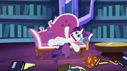 Size: 1920x1080 | Tagged: safe, derpibooru import, screencap, rarity, pony, unicorn, dragon dropped, book, bookshelf, couch, fainting couch, female, library, mare, marshmelodrama, messy mane, on back, rarity being rarity, solo, twilight's castle, twilight's castle library