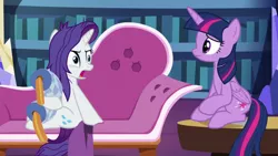 Size: 1920x1080 | Tagged: safe, derpibooru import, screencap, rarity, twilight sparkle, twilight sparkle (alicorn), alicorn, pony, unicorn, dragon dropped, bookshelf, couch, duo, fainting couch, female, library, mare, messy mane, sitting, throw pillow, twilight's castle, twilight's castle library