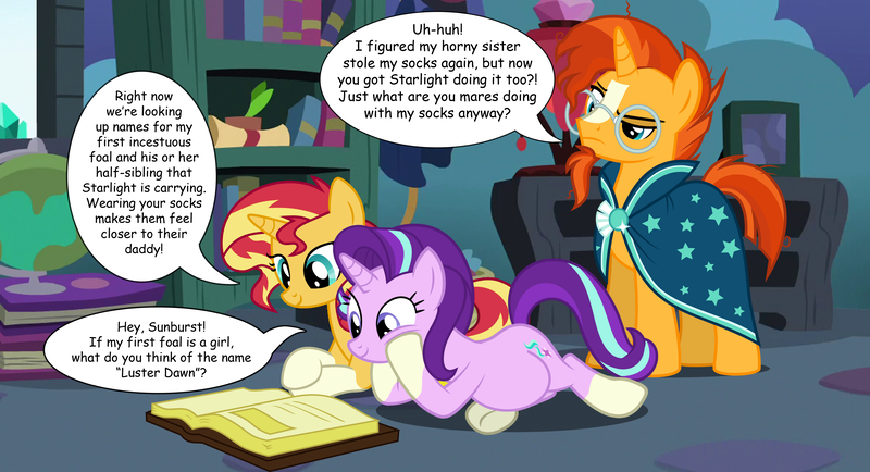 Size: 4500x2444 | Tagged: suggestive, artist:drakizora, artist:elsia-pony, artist:slb94, derpibooru import, edit, edited edit, editor:slayerbvc, editor:wild stallions, vector edit, starlight glimmer, sunburst, sunset shimmer, pony, unicorn, comic:the first incestuous foal of sunset shimmer, equestria girls, and that's how luster dawn was made, book, brother and sister, clothes, crystal, explicit description, female, glasses, globe, headcanon, hooves on cheeks, implied incest, implied luster dawn, implied suncest, lamp, lying on stomach, male, mare, ponies wearing sunburst's socks, potted plant, preglight glimmer, pregnant, pregnant edit, prone, reading, robe, scroll, shimmerburst, shipping, siblings, sockless sunburst, socks (coat marking), stallion, starburst, starlight's room, straight, sunburst gets all the mares, sunburst is not amused, sunburst's glasses, sunburst's robe, suncest shimmer, sunny siblings, sunset preggers, unamused, underhoof, vector