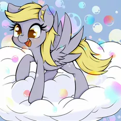 Size: 2048x2048 | Tagged: safe, artist:zokkili, derpibooru import, derpy hooves, pegasus, pony, blue background, blushing, bubble, cloud, cute, derpabetes, female, mare, simple background, smiling, solo, spread wings, weapons-grade cute, wings