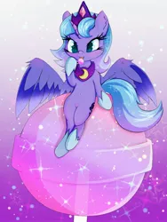 Size: 3000x4000 | Tagged: safe, artist:zokkili, derpibooru import, princess luna, alicorn, pony, belly button, candy, chibi, cute, female, filly, food, jewelry, lollipop, lunabetes, purple background, simple background, sitting, solo, spread wings, tiara, tongue out, wings, woona, younger
