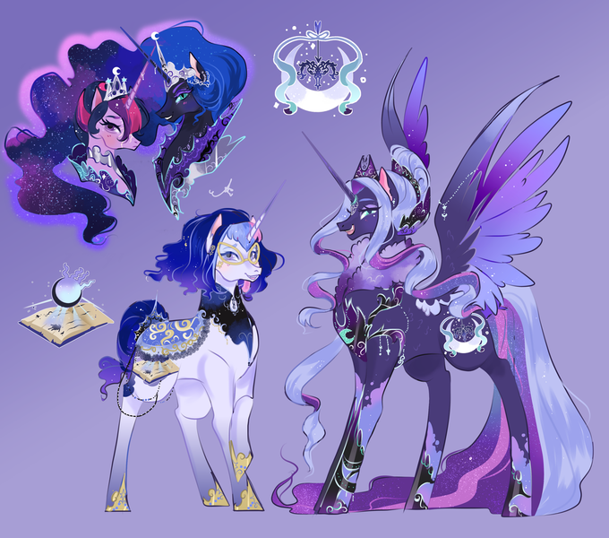 Size: 3402x3000 | Tagged: safe, artist:bunnari, derpibooru import, nightmare moon, twilight sparkle, twilight sparkle (alicorn), oc, oc:astral tone, oc:spectra nocturna, alicorn, pony, unicorn, female, magical lesbian spawn, mare, offspring, parent:nightmare moon, parent:twilight sparkle, parents:twimoon