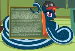 Size: 3336x2252 | Tagged: safe, artist:badumsquish, derpibooru import, oc, oc:kalianne, unofficial characters only, lamia, original species, snake, announcement, baseball cap, cap, chalkboard, coils, couch, crossed hooves, curtains, fangs, female, fireplace, hat, house, looking at you, open mouth, parody, play on words, prehensile tail, smiling, snek, solo, tail hold, text, top gun hat, window