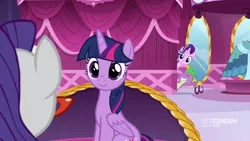 Size: 1280x720 | Tagged: safe, derpibooru import, screencap, rarity, spike, starlight glimmer, twilight sparkle, twilight sparkle (alicorn), alicorn, dragon, pony, unicorn, a-dressing memories, spoiler:a-dressing memories, spoiler:mlp friendship is forever, 9now, female, male, mare, nine network, rarity's glasses, sitting