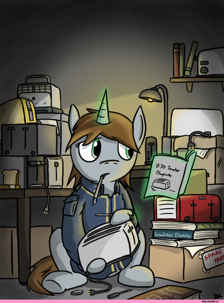 Size: 920x1244 | Tagged: artist needed, source needed, safe, derpibooru import, oc, oc:littlepip, unofficial characters only, pony, unicorn, fallout equestria, fanfic, book, clothes, fanfic art, female, glowing horn, hooves, horn, instructions, levitation, magic, mare, pipbuck, reading, sitting, solo, telekinesis, toaster, toaster repair pony, vault suit