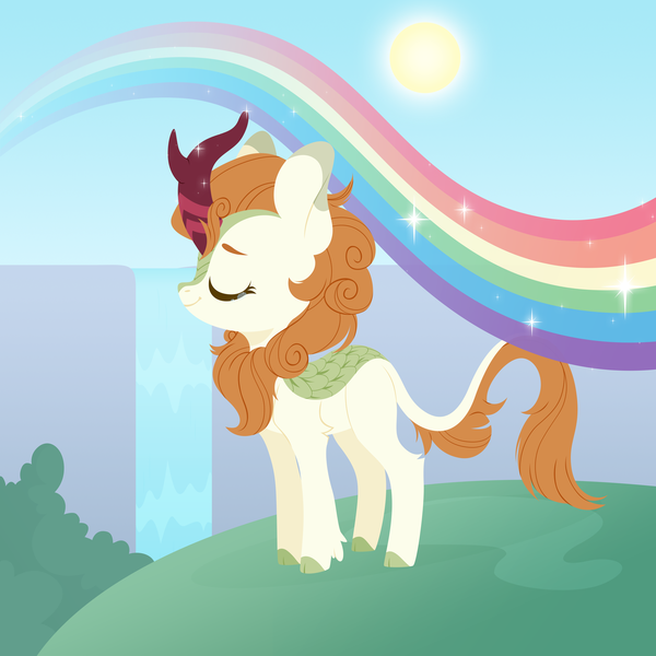 Size: 4000x4000 | Tagged: absurd resolution, artist:belka-sempai, autumn blaze, awwtumn blaze, cute, derpibooru import, eyes closed, female, kirin, profile, rainbow, safe, sky, solo, sun, waterfall