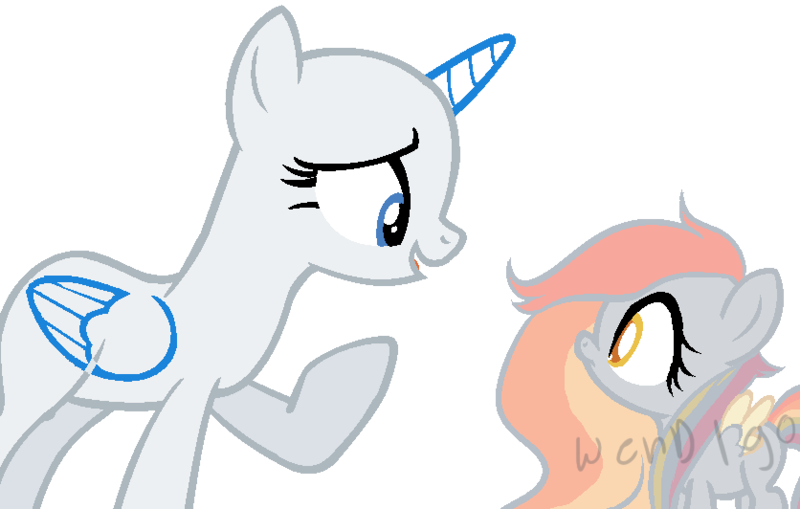 Size: 836x532 | Tagged: alicorn, alicorn oc, artist:skulifuck, base, base used, derpibooru import, duo, eyelashes, female, horn, looking at each other, looking up, magical lesbian spawn, magical threesome spawn, mare, multiple parents, oc, offspring, open mouth, parent:derpy hooves, parent:fluttershy, parent:rainbow dash, parents:flutterderpydash, pegasus, pegasus oc, raised hoof, safe, simple background, smiling, transparent background, unofficial characters only, wings