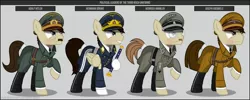 Size: 1280x512 | Tagged: safe, artist:brony-works, derpibooru import, oc, ponified, unofficial characters only, earth pony, pegasus, pony, adolf hitler, boots, clothes, earth pony oc, eyelashes, hat, heinrich himmler, helmet, hermann göring, joseph goebbels, monocle, nazi, nazi germany, raised hoof, reference sheet, shoes, smiling, uniform, world war ii