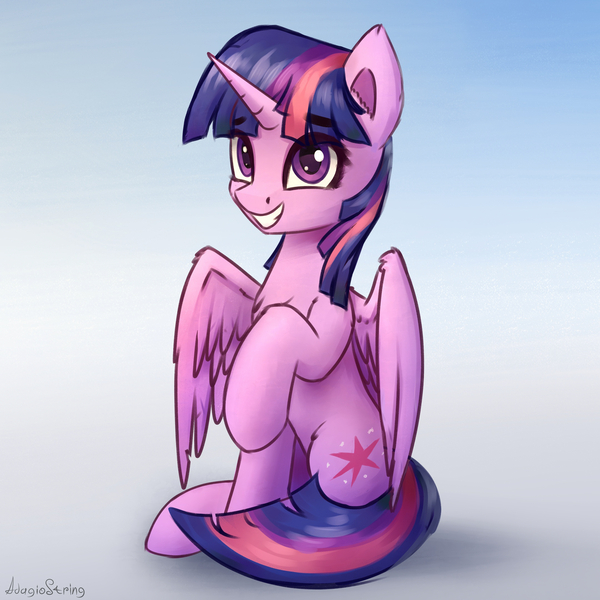 Size: 2160x2160 | Tagged: safe, artist:adagiostring, derpibooru import, twilight sparkle, twilight sparkle (alicorn), alicorn, pony, chest fluff, commission, cute, ear fluff, female, gradient background, high res, leg fluff, mare, sitting, smiling, solo, twiabetes, ych example, your character here