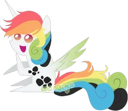 Size: 664x579 | Tagged: safe, artist:skulifuck, derpibooru import, oc, unofficial characters only, alicorn, pony, :d, alicorn oc, base used, horn, multicolored hair, pointy ponies, rainbow hair, simple background, sitting, smiling, solo, transparent background, watermark, wings