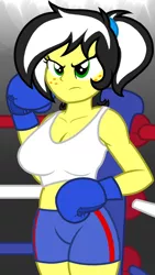 Size: 1080x1920 | Tagged: safe, artist:toyminator900, derpibooru import, oc, oc:uppercute, unofficial characters only, equestria girls, beautiful, beautisexy, boxing, boxing gloves, boxing ring, breasts, clothes, determined look, freckles, green eyes, gym shorts, jewelry, ring, serious, sexy, shorts, solo, sports, sports bra, tanktop, thighs, tomboy