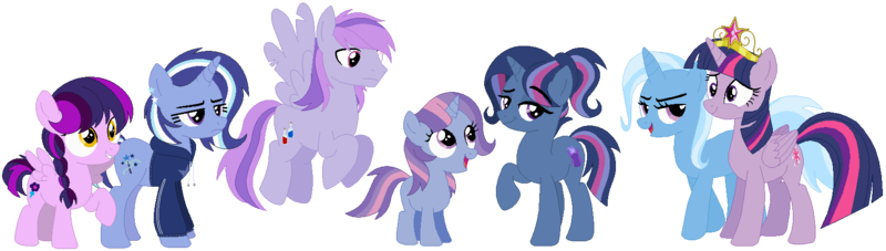 Size: 1636x464 | Tagged: safe, alternate version, artist:camomiie, derpibooru import, edit, trixie, twilight sparkle, twilight sparkle (alicorn), oc, oc:comet road, oc:phantasia, oc:solar lilly, oc:stella maris, oc:supernova, alicorn, base used, big crown thingy, element of magic, family, female, jewelry, lesbian, magical lesbian spawn, offspring, parent:trixie, parent:twilight sparkle, parents:twixie, regalia, shipping, simple background, transparent background, twixie