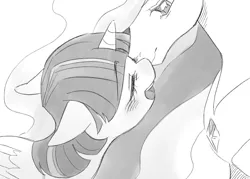 Size: 1280x914 | Tagged: safe, artist:chapaghettii, derpibooru import, princess celestia, twilight sparkle, twilight sparkle (alicorn), alicorn, pony, blushing, eyes closed, monochrome, open mouth