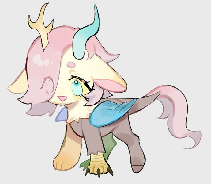 Size: 1998x1740 | Tagged: artist:kura, beanbrows, cute, derpibooru import, draconequified, draconequus, eyebrows, eye clipping through hair, flutterequus, fluttershy, foal, gray background, safe, shyabetes, simple background, solo, species swap, yellow sclera