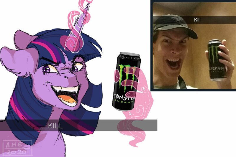 Size: 1500x1000 | Tagged: artist:amethesaladhair, can, derpibooru import, drink, energy drink, franzj presents, hand, human, irl, irl human, levitation, magic, magic hands, meme, monster energy, photo, ponified meme, safe, snapchat, telekinesis, twilight sparkle