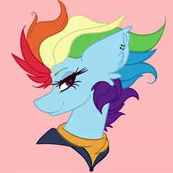Size: 2500x2500 | Tagged: safe, artist:namiiarts, derpibooru import, rainbow dash, pegasus, pony, bust, clothes, ear piercing, earring, jacket, jewelry, older, older rainbow dash, piercing, pink background, shirt, simple background, solo