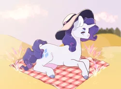 Size: 754x555 | Tagged: safe, artist:xeiphi, deleted from derpibooru, derpibooru import, pony, unicorn, cloud, hat, hill, picnic blanket, sky, solo, sun hat, tree