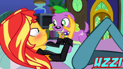 Size: 800x450 | Tagged: safe, artist:uzzi-ponydubberx, derpibooru import, flash sentry, spike, sunset shimmer, dog, equestria girls, animated, bestiality, caught, clothes, female, gif, image, interspecies, jacket, kissing, leather jacket, male, shipping, spike the dog, straight, sunsetspike