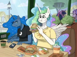 Size: 2732x2048 | Tagged: safe, artist:nosch, derpibooru import, princess celestia, princess luna, starlight glimmer, twilight sparkle, alicorn, anthro, unicorn, burger, clothes, cup, cute, eating, ethereal mane, female, food, french fries, hay burger, hay fries, luna is not amused, mare, mobile phone, phone, royal sisters, shirt, smartphone, spread wings, t-shirt, unamused, wings