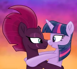 Size: 5876x5256 | Tagged: safe, alternate version, artist:ejlightning007arts, derpibooru import, edit, fizzlepop berrytwist, tempest shadow, twilight sparkle, unicorn, broken horn, eye scar, female, horn, implied kissing, lesbian, looking at each other, romantic, scar, shipping, sunset, tempestlight