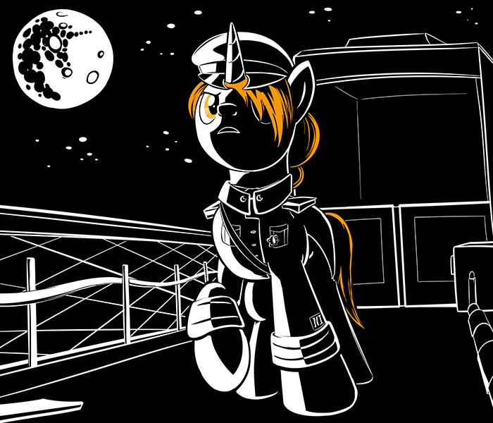 Size: 700x600 | Tagged: safe, artist:sirvalter, derpibooru import, oc, oc:professor beaker, unofficial characters only, pony, unicorn, fanfic, fanfic:steyblridge chronicle, black and white, celestia in the moon, clothes, fanfic art, female, full moon, grayscale, hooves, horn, illustration, mare, mare in the moon, military uniform, monochrome, moon, neo noir, night, partial color, raised hoof, research institute, scientist, solo