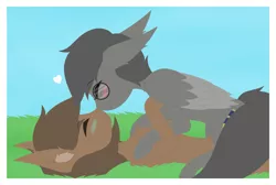 Size: 2820x1890 | Tagged: artist:pam-sparky, blushing, boop, derpibooru import, gay, gift art, glasses, grass, grass field, heart, kissing, lineless art, love, lying down, lying on top of someone, male, noseboop, nose kiss, oc, oc:arqui, pegasus, pegasus oc, safe, unofficial characters only, wings