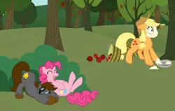 Size: 1000x636 | Tagged: safe, artist:kerijiano, derpibooru import, applejack, pinkie pie, oc, oc:kai, earth pony, pony, apple, apple tree, applejack's hat, bucket, bush, cowboy hat, eyes closed, female, food, goggles, hat, laughing, male, mare, pie, pied, slapstick, stallion, tree