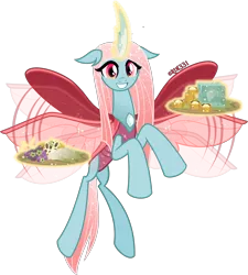 Size: 4000x4453 | Tagged: artist:orin331, buzzing wings, changedling, changeling, changeling food, changeling queen, cute, derpibooru import, diaocelles, female, flying, food, looking at you, magic, magic aura, ocellus, older, older ocellus, platter, queen ocellus, safe, signature, simple background, smiling, solo, telekinesis, transparent background, vector, wings