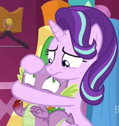 Size: 1001x1066 | Tagged: safe, derpibooru import, screencap, spike, starlight glimmer, dragon, pony, unicorn, a-dressing memories, spoiler:a-dressing memories, spoiler:mlp friendship is forever, 9now, holding, holding head, implied injury, nine network, sweat, worried