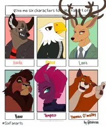 Size: 1080x1290 | Tagged: safe, artist:catreaa, derpibooru import, tempest shadow, anthro, big cat, bird, cat, deer, eagle, hyena, lion, unicorn, six fanarts, animal crossing, anthro with ponies, antlers, apollo, armor, beastars, broken horn, bust, clothes, disney, female, grin, haida, horn, kovu, louis (beastars), male, mare, necktie, sanrio, smiling, the aristocats, the lion king, thomas o'malley