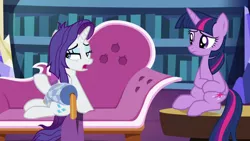 Size: 1920x1080 | Tagged: safe, derpibooru import, screencap, rarity, twilight sparkle, twilight sparkle (alicorn), alicorn, pony, unicorn, dragon dropped, bookshelf, fainting couch, female, library, mare, messy mane, throw pillow, twilight's castle, twilight's castle library