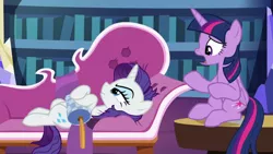 Size: 1920x1080 | Tagged: safe, derpibooru import, screencap, rarity, twilight sparkle, twilight sparkle (alicorn), alicorn, pony, unicorn, dragon dropped, bookshelf, fainting couch, female, library, mare, messy mane, throw pillow, twilight's castle, twilight's castle library