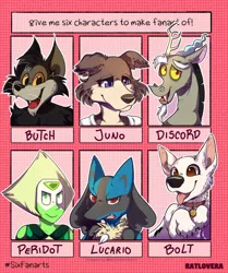 Size: 1024x1224 | Tagged: anthro, artist:ratlovera, beastars, bolt, bust, butch, cat, chest fluff, collar, crossover, derpibooru import, discord, dog, draconequus, female, frown, juno, lucario, male, peridot (steven universe), pokémon, safe, six fanarts, smiling, steven universe, tom and jerry