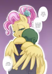 Size: 1045x1482 | Tagged: safe, artist:saby, derpibooru import, fluttershy, oc, oc:anon, ponified, human, pegasus, pony, /mlp/, 4chan, clothes, colored lines, comforting, dialogue, drawthread, eyes closed, feels, female, finished version, full color, gradient background, hug, male, mare, older, older fluttershy, ponified scene, shirt, simple background, speech bubble, white outline, wholesome, winghug