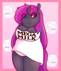 Size: 1845x2169 | Tagged: anthro, artist:candy.bytes, artist:l0vebuggs, big breasts, blushing, boob window, breasts, changeling, changeling oc, changeling queen, changeling queen oc, chubby, clothes, cute, derpibooru import, female, females only, mega milk, meme, milk carton, oc, oc:gyne, panties, purple changeling, suggestive, tail, thick, thighs, underwear, unofficial characters only