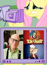 Size: 563x771 | Tagged: safe, derpibooru import, fluttershy, cat, human, mouse, pony, blank, exploitable meme, fluttercry, gene deitch, glasses, implied death, irl, irl human, meme, mouth hold, obligatory pony, photo, popeye, sad, tom and jerry, tv meme