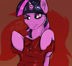Size: 1065x981 | Tagged: safe, artist:testostepone, derpibooru import, twilight sparkle, oc, oc:acesential, alicorn, pony, contemplating, female, hoof hold, implied transformation, mare, polo shirt, solo, text