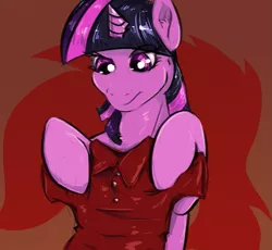 Size: 1065x981 | Tagged: safe, alternate version, artist:testostepone, derpibooru import, twilight sparkle, oc, oc:acesential, alicorn, pony, contemplating, female, hoof hold, implied transformation, mare, polo shirt, solo