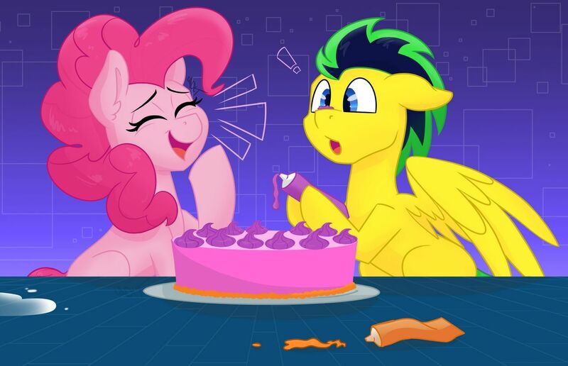 Size: 1280x826 | Tagged: safe, artist:cadetredshirt, derpibooru import, pinkie pie, oc, oc:whirlwind, earth pony, pegasus, pony, baking, cake, cross-eyed, decorating, dessert, ear fluff, eyes closed, female, flour, food, gradient background, icing bag, icing on nose, laughing, male, pink coat, pink mane, shipping fuel, straight, two toned mane, yellow coat