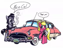 Size: 1024x770 | Tagged: safe, artist:sketchywolf-13, derpibooru import, oc, oc:sketchy, unnamed oc, unofficial characters only, earth pony, pony, car, cigarette, clothes, dress, female, hudson hornet, male, mare, simple background, smoking, speech bubble, stallion, text, traditional art, white background