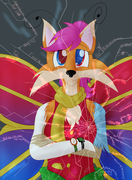 Size: 1729x2346 | Tagged: artist:sixes&sevens, butterfly wings, chest fluff, clothes, cracked, crossed arms, derpibooru import, draconequus, draconequus oc, fractured, looking at you, lyrics, miracle musical, oc, oc:paradox, pocket watch, safe, scarf, text, unofficial characters only, waistcoat, watch, wings, wristwatch, ミラクルミュージカル