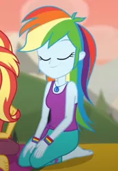 Size: 341x494 | Tagged: safe, derpibooru import, screencap, rainbow dash, sunset shimmer, equestria girls, equestria girls series, wake up!, spoiler:eqg series (season 2), barefoot, clothes, cropped, feet, legs, pants, sleeveless, smiling, tanktop, wake up!: rainbow dash, yoga, yoga pants